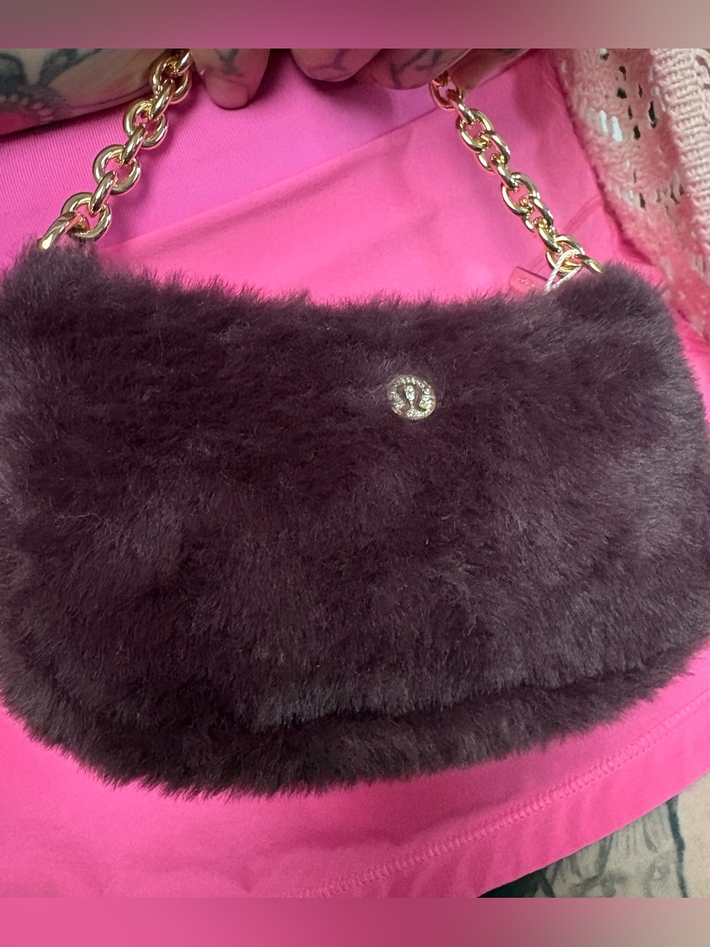 Lululemon black plum gold plush glitter mini fuzzy bag